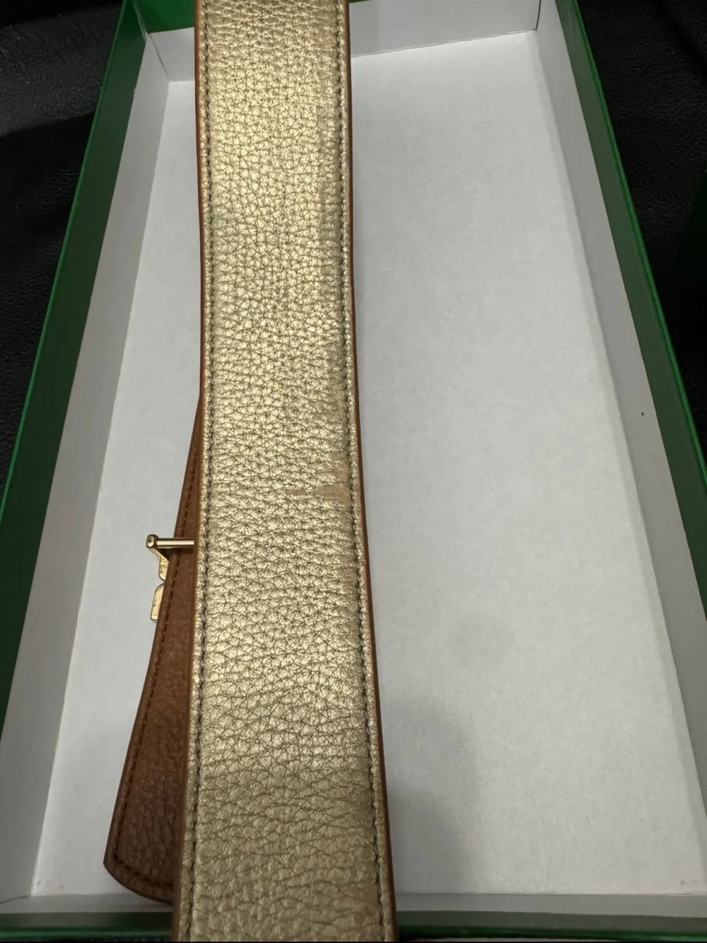 Tory Burch Metallic Gold Leather Belt with Signature Logo Buckle